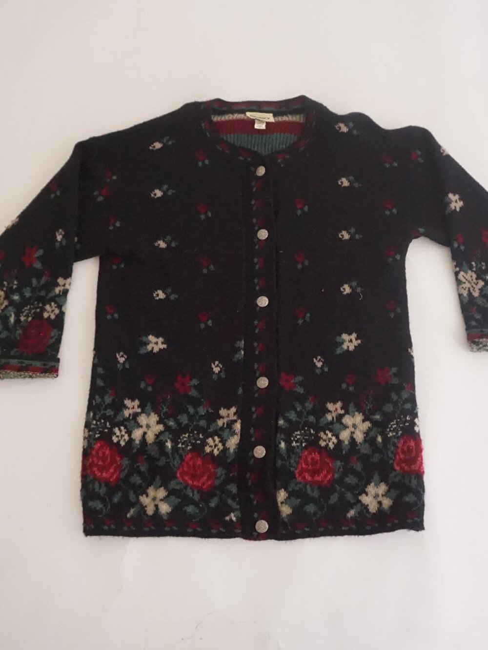 Vintage Spunky Black Rose Floral Silver Button Cottage Garden Cardigan 1X